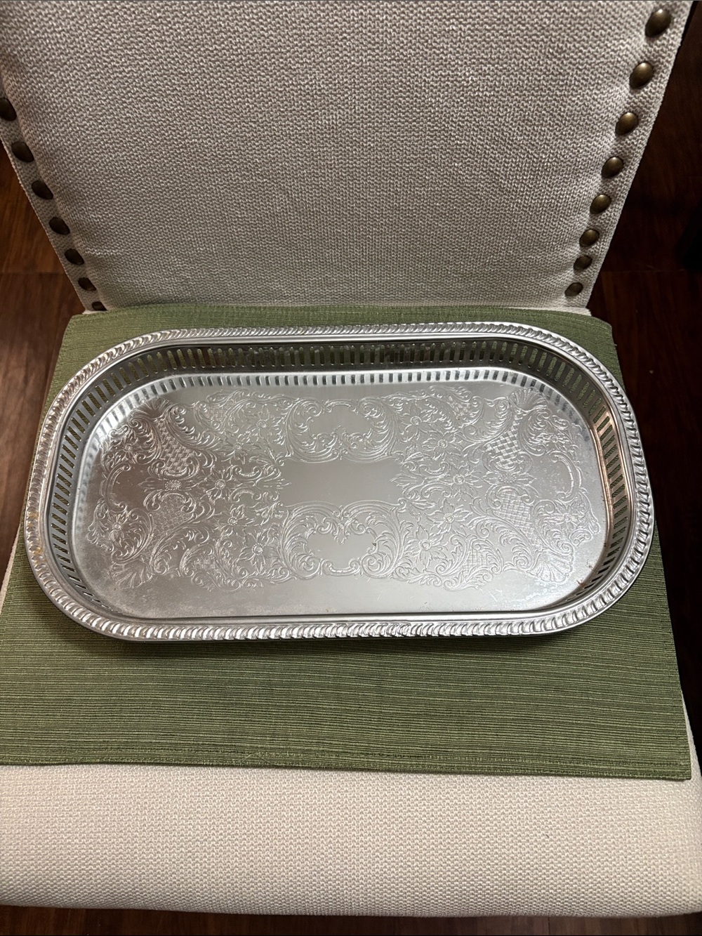 Irvinware Ornate Silver Vanity Tray with Embossed Scrollwork
